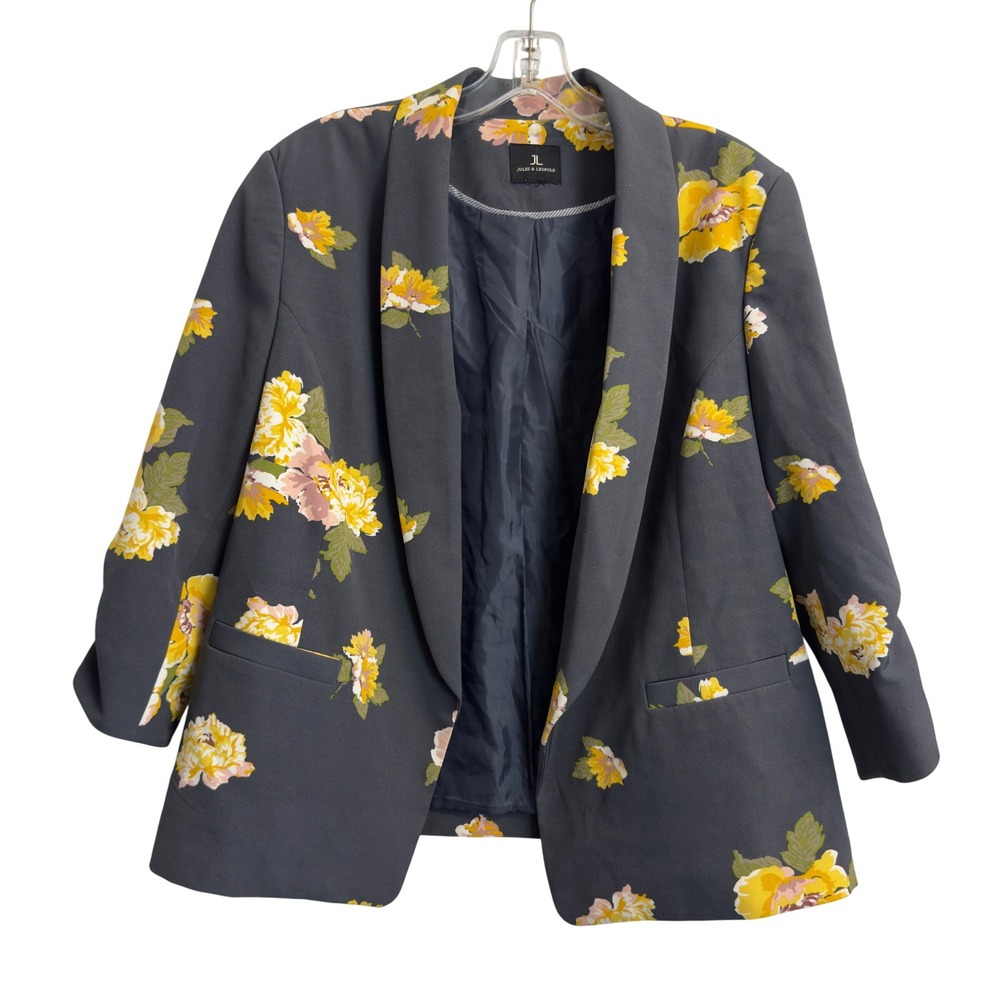 Jules & Leopold Floral Open Front Blazer‎ Women XL Gray Yellow Ruched 3/4 Sleeve